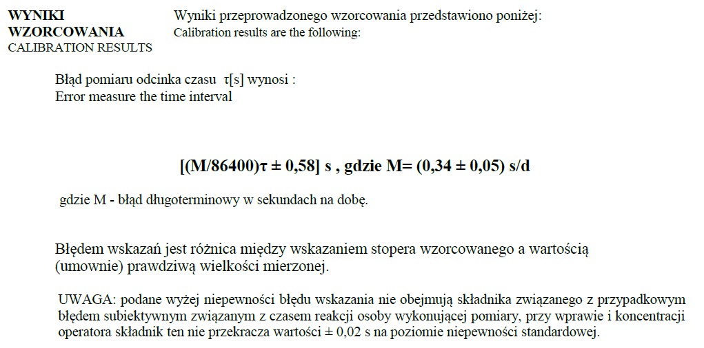 Stoper wyniki wzorcowania