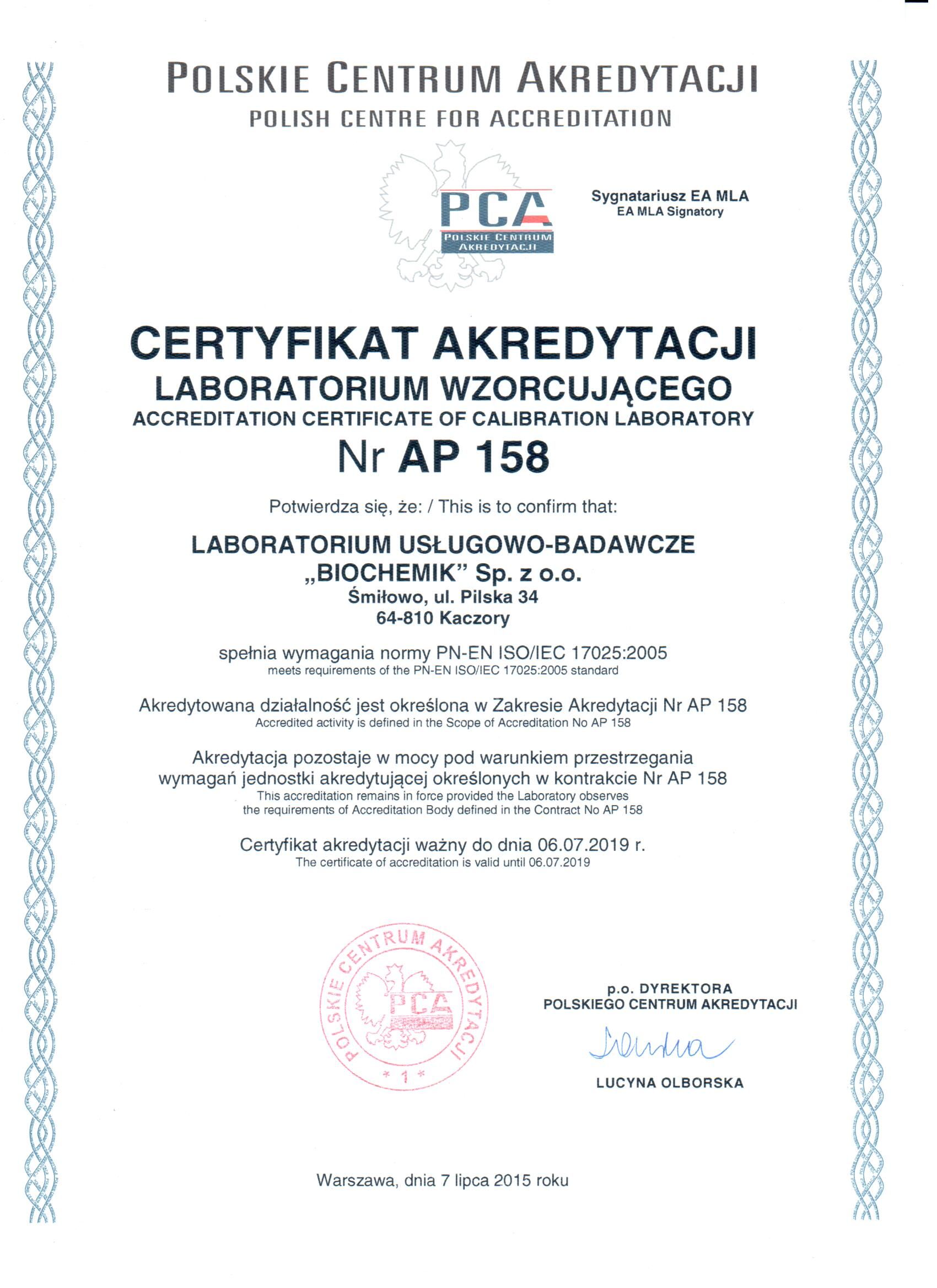 Certyfikat AP158